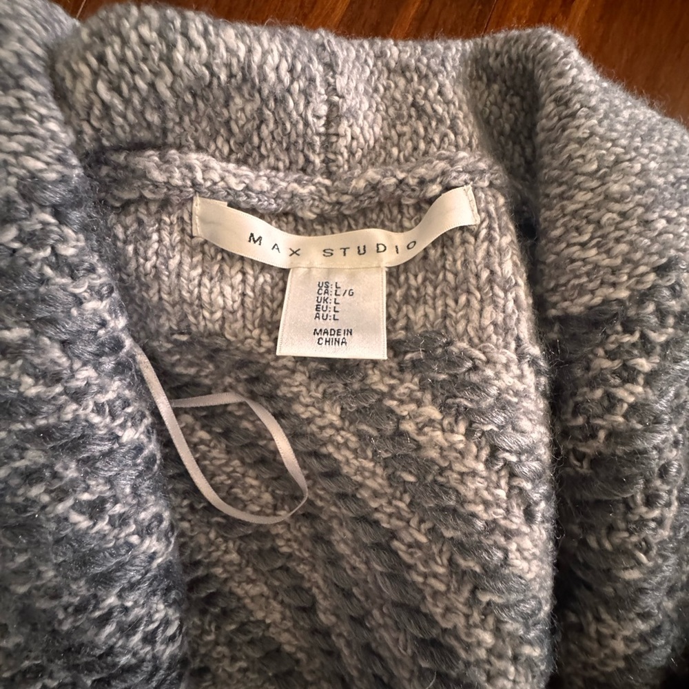 FREE🌟 Max Studio Oversized Open-Front Sweater Cardigan Chunky Striped Gray Cream - Picture 3 of 5